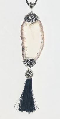 Swarovski Hematit Taş İşlenmiş Agate (Akik) Taşlı Uzun Kolye - Siyah Kaplama
