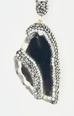 Swarovski Hematit ve Kristal Taş İşlenmiş Agate Taşlı Uzun Kolye - Siyah Kaplama