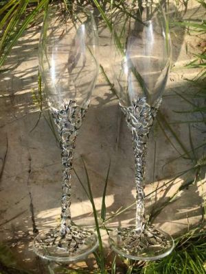 Cam Üzerine El Yapımı Metal İşlemeli Özel Kutlama Şampanya Kadehleri - Antik Gümüş Kaplama