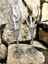 Cam Üzerine El Yapımı Metal İşlemeli Özel Kutlama Şampanya Kadehleri - Antik Gümüş Kaplama - Thumbnail
