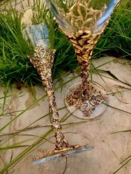 El Yapımı Metal İşlemeli Özel Yıldönümü Kutlama Şampanya Kadehleri - Antik Altın Kaplama - Thumbnail