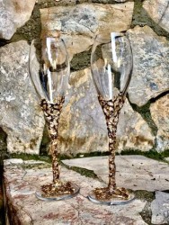 El Yapımı Metal İşlemeli Özel Yıldönümü Kutlama Şampanya Kadehleri - Antik Altın Kaplama - Thumbnail