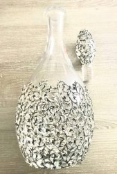 Gövde ve Topuzu Cam Üzerine Metal İşlemeli El Yapımı Özel Karaf - Antik Gümüş Kaplama - Thumbnail