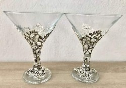 İki Adet Ayak ve Gövdesi Metal İşlemeli Martini Bardağı - Antik Gümüş Kaplama - Thumbnail