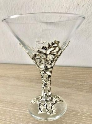 İki Adet Ayak ve Gövdesi Metal İşlemeli Martini Bardağı - Antik Gümüş Kaplama