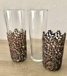 İki Adet Çıkarılabilir Metal İşlemeli Uzun Kokteyl Bardağı - Antik Bakır Kaplama - Thumbnail