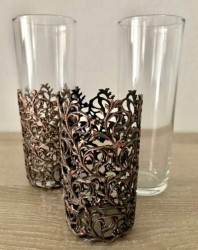 İki Adet Çıkarılabilir Metal İşlemeli Uzun Kokteyl Bardağı - Antik Bakır Kaplama - Thumbnail