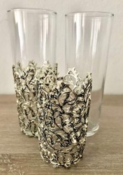 İki Adet Çıkarılabilir Metal İşlemeli Uzun Kokteyl Bardağı - Antik Gümüş Kaplama - Thumbnail