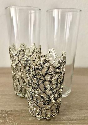 İki Adet Çıkarılabilir Metal İşlemeli Uzun Kokteyl Bardağı - Antik Gümüş Kaplama