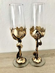 Metal İşlemeli El Yapımı Özel Şampanya Kadehleri - Antik Gold Kaplama - Thumbnail
