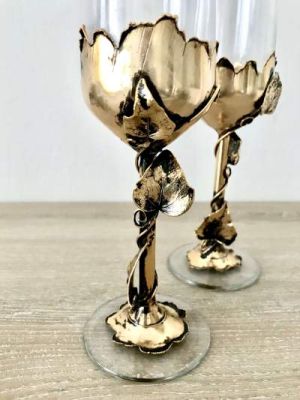 Metal İşlemeli El Yapımı Özel Şampanya Kadehleri - Antik Gold Kaplama