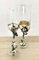 Metal İşlemeli El Yapımı Özel Şampanya Kadehleri - Antik Gümüş Kaplama - Thumbnail