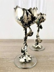 Metal İşlemeli El Yapımı Özel Şampanya Kadehleri - Antik Gümüş Kaplama - Thumbnail