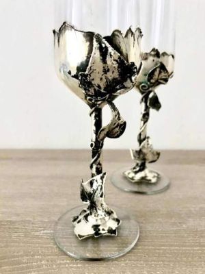 Metal İşlemeli El Yapımı Özel Şampanya Kadehleri - Antik Gümüş Kaplama