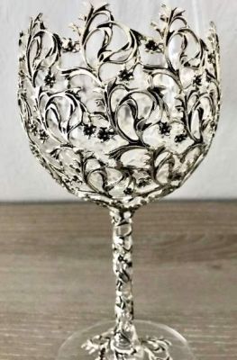 Metal İşlemeli El Yapımı Soğuk Kesim Özel Kutlama Şarap Kadehleri - Antik Gümüş Kaplama