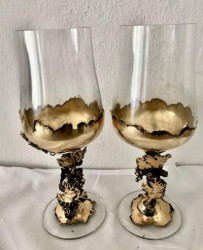 Metal İşlemeli Üzüm Salkımlı El Yapımı Soğuk Kesim Özel Şarap Kadehleri - Antik Gold Kaplama - Thumbnail