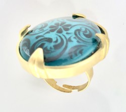 İznik Çinisi Tasarım Yüzük - Altın (Gold) Kaplama - Thumbnail
