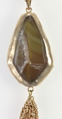 Akik (Agate) Taşlı Zincir Püsküllü Uzun Kolye - Altın (Gold) Kaplama