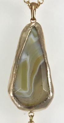 Akik (Agate) Taşlı Zincir Püsküllü Uzun Kolye - Altın (Gold) Kaplama