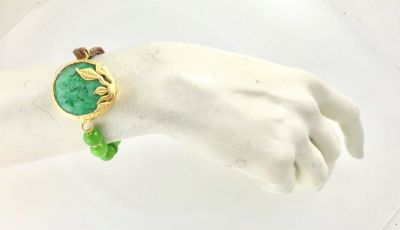 Zümrüt Yeşili Yeşim ( Jade) Taşlı Yaprak Figürlü Bileklik - Gold Kaplama