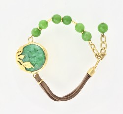 Zümrüt Yeşili Yeşim ( Jade) Taşlı Yaprak Figürlü Bileklik - Gold Kaplama - Thumbnail