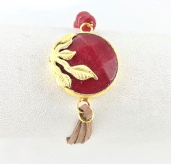 Kırmızı Yeşim ( Jade) Taşlı Yaprak Figürlü Bileklik - Gold Kaplama - Thumbnail