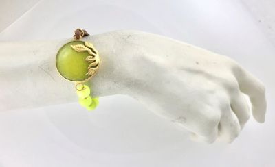 Sarı Yeşim ( Jade) Taşlı Yaprak Figürlü Bileklik - Gold Kaplama