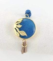 Mavi Renkli Yeşim Taşlı ( Jade) Yaprak Figürlü Bileklik - Gold Kaplama - Thumbnail