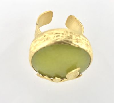 Yeşim ( Jade) Taşlı Yaprak Figürlü Yüzük - Gold Kaplama