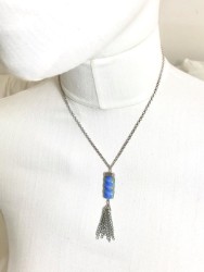 Mavi Yeşim (Jade) Taşlı Zincir Püsküllü Kısa Kolye - Rhodium Kaplama - Thumbnail