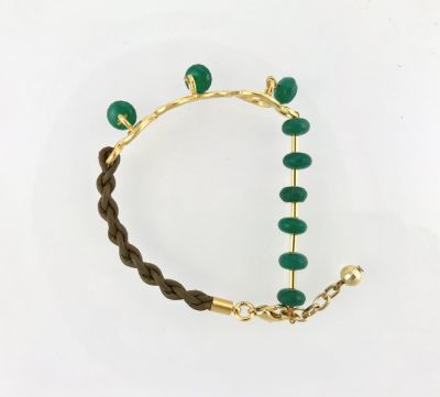 Yeşil Yeşim (Jade) Taşlı Örgü İpli Sonsuzluk Figürlü Bileklik - Altın (Gold) Kaplama