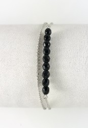 Swarovski Siyah Kristal (Jet Stone) Taşlı Çift Zincirli Bileklik - Rhodium Kaplama - Thumbnail