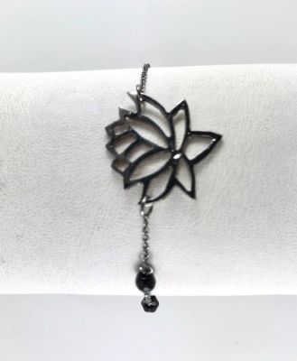 Swarovski Siyah Kristal (Crystal Jet) Taşlı Lotus Çiçeği Bileklik - Siyah Kaplama