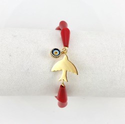 Swarovski Kırmızı Kristal Taşlı Kuş Figürlü Bileklik - Altın (Gold Kaplama - Thumbnail