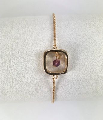 Swarovski Ametist Kristal (Bicone Crystal Beads) Taşlı Kare Bileklik - Gold Kaplama