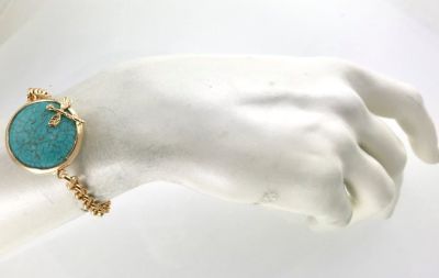 Turkuaz (Firuze) Taşlı Yusufçuk Figürlü Bileklik - Gold Kaplama
